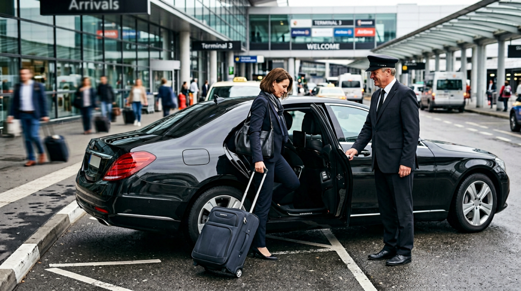 Пассажир с чемоданом садится в авто у аэропорта — такси бизнес-класса и трансфер по Москве