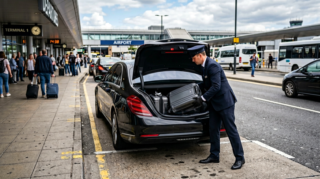 Водитель грузит багаж в багажник — сервис трансфера в аэропорт с водителем в Москве