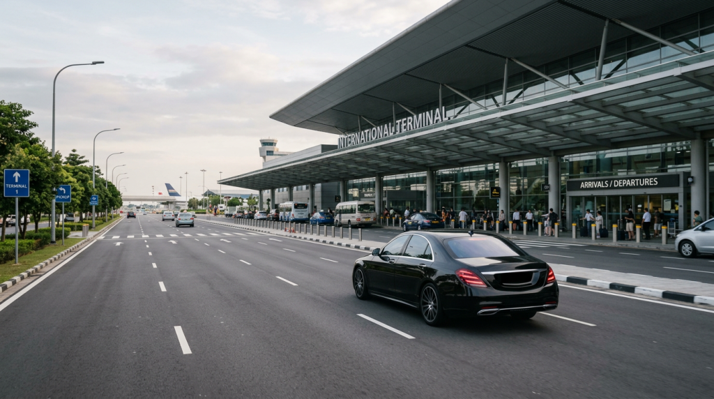 Автомобиль на подъезде к терминалу аэропорта — аренда с шофёром для аэропорт-трансфера в Москве