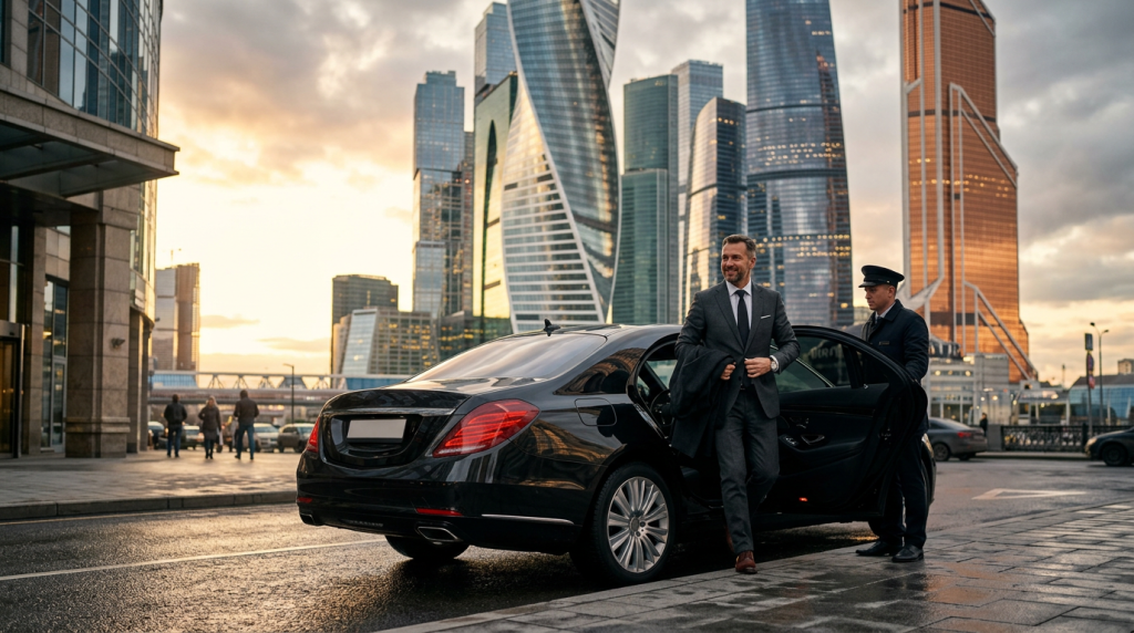 Деловые поездки в Москве — премиальный чёрный седан у делового центра, аренда автомобиля с водителем для бизнеса