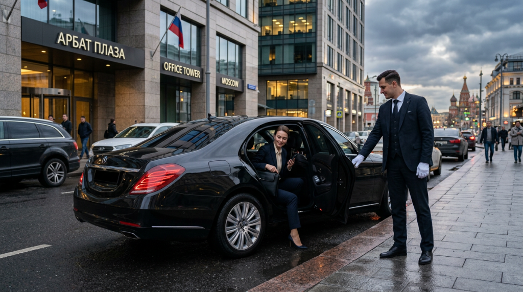 Шофер открывает дверь клиенту — сервис аренды авто с водителем для деловых встреч в Москве