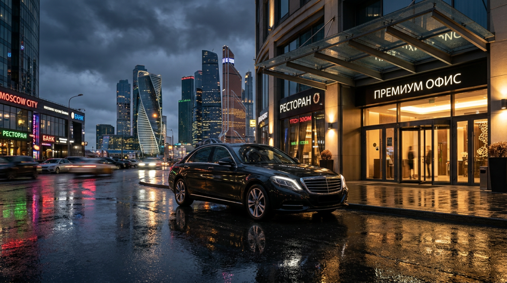 Премиальный автомобиль у входа в офис вечером — аренда с водителем для деловых поездок по Москве