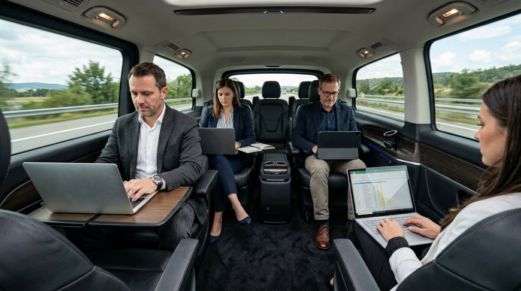 Водитель ожидает у открытых дверей минивэна — корпоративная аренда авто с шофёром в Москве