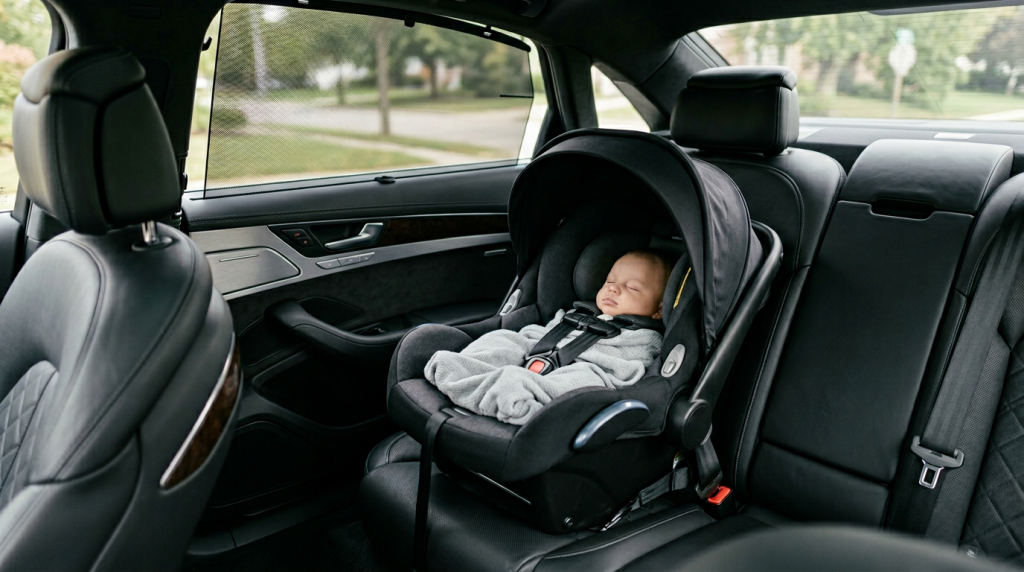 Детское кресло в салоне премиум-авто — безопасный трансфер из роддома с водителем в Москве