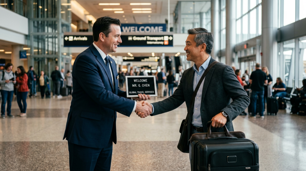 Рукопожатие гостя и водителя в аэропорту — премиальный трансфер и встреча делегаций в Москве