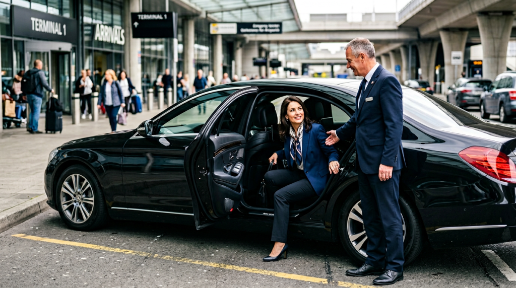 Посадка гостя в премиальный седан после встречи в аэропорту — аренда с водителем в Москве