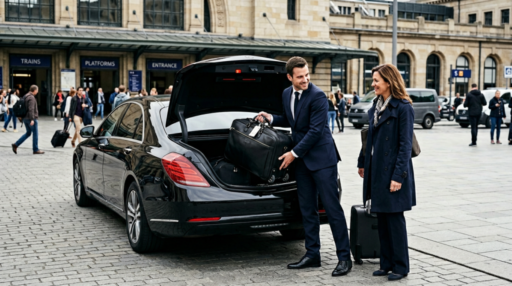 Водитель помогает с чемоданом у багажника — трансфер на вокзал, аренда авто с водителем в Москве