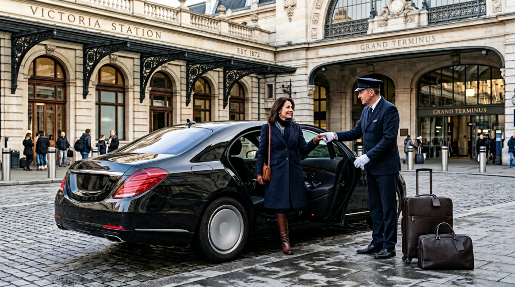 Пассажир с багажом у люкс-авто у вокзала — комфортный трансфер по Москве и области