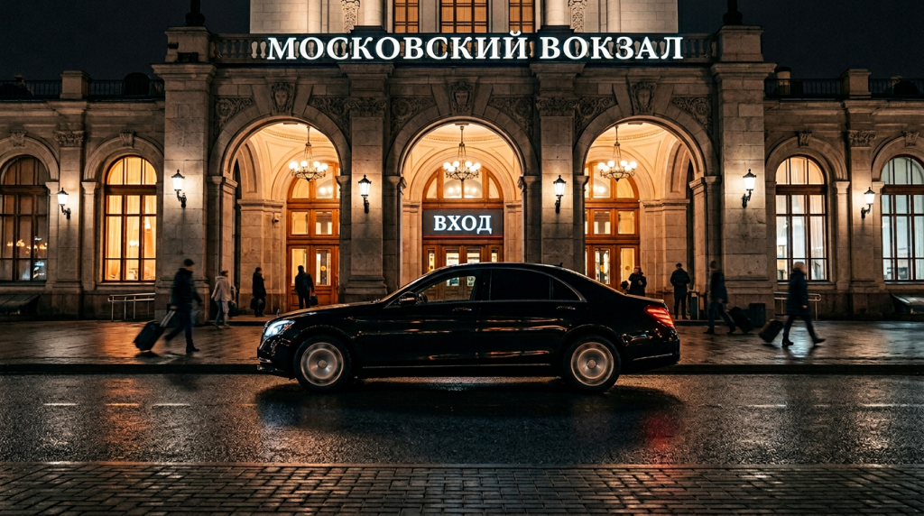 Ночная подача автомобиля у вокзала Москвы — безопасный трансфер с водителем