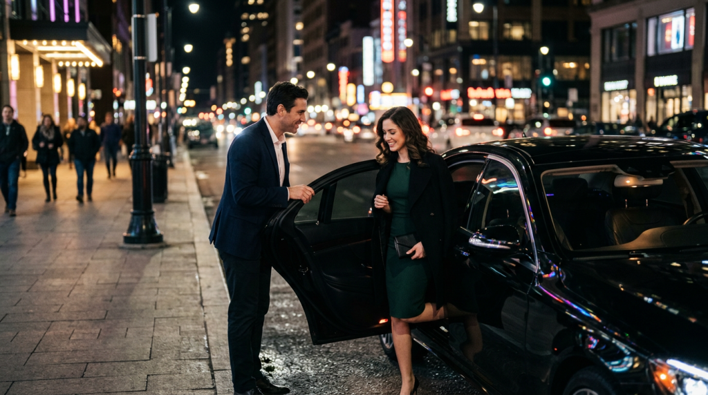 Романтический вечер в Москве — пара садится в премиальный седан с водителем