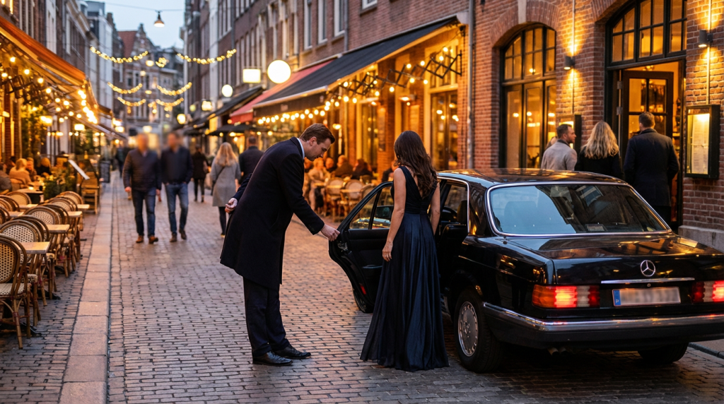 Джентльмен открывает дверь даме у премиум-авто — сервис аренды с водителем в Москве