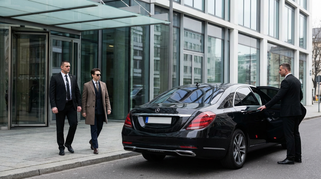 Сопровождение клиента к автомобилю с телохранителем — защищённый трансфер по Москве