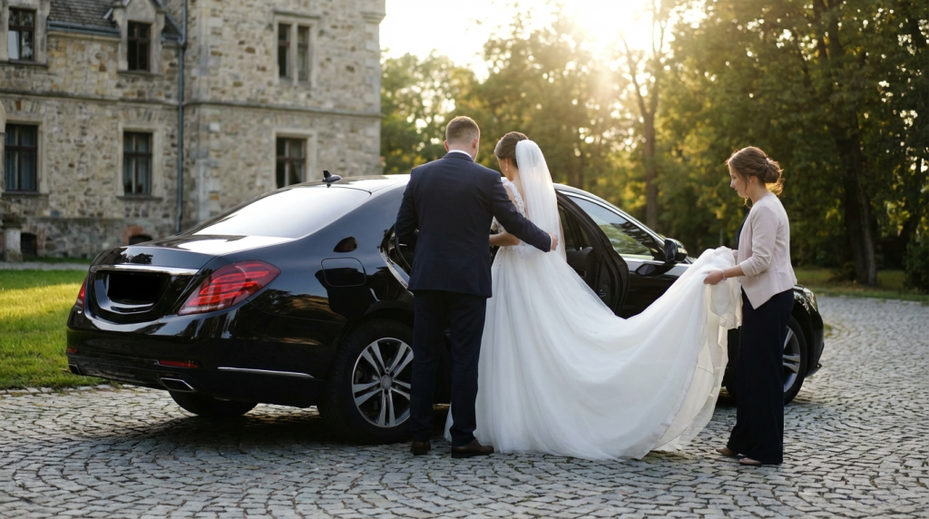 Невеста садится в свадебный автомобиль — аренда люкс-авто с шофёром на свадьбу в Москве