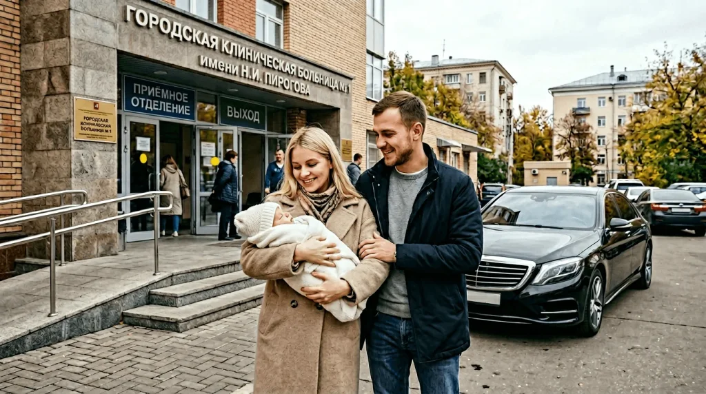 Отец с букетом у автомобиля у роддома — такси бизнес-класса и трансфер по Москве